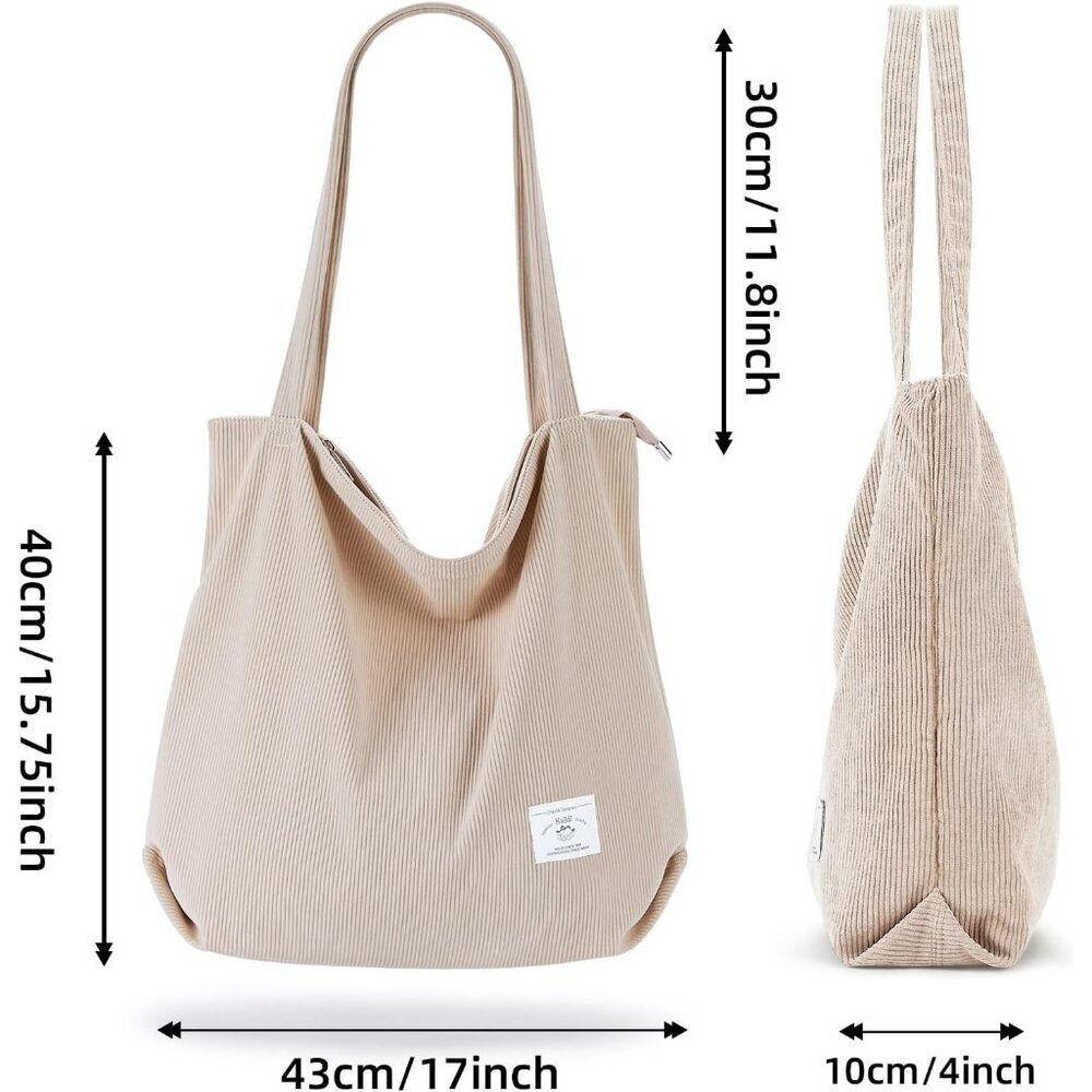 Women Corduroy Zipper Casual Tote Big Capacity Bag with Pockets - Picture 3 of 9